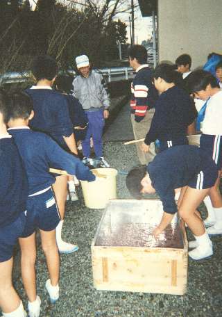 Students inspect their dyed kozo